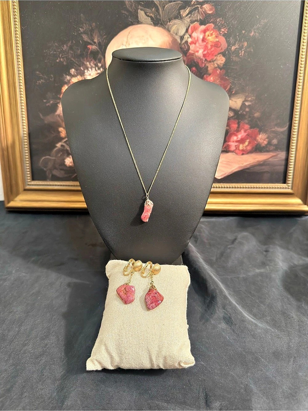 Vintage Rhodonite Pink & Gold Stone Necklace & Earrings